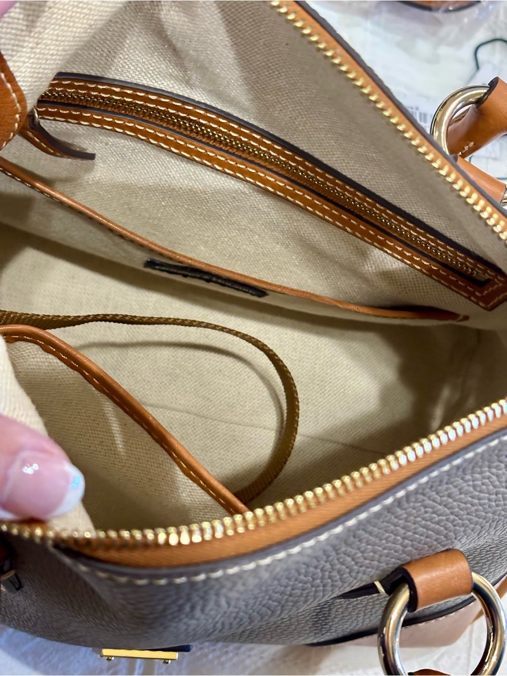 Dooney & Bourke Taupe Pebble with Florentine Leather Satchel with Gold Hardware - Picture 9 of 11